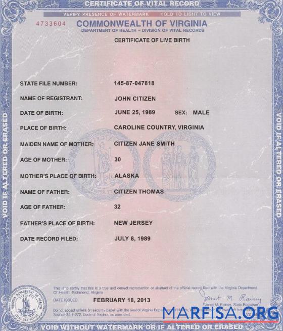 Printable USA Virginia birth certificate example